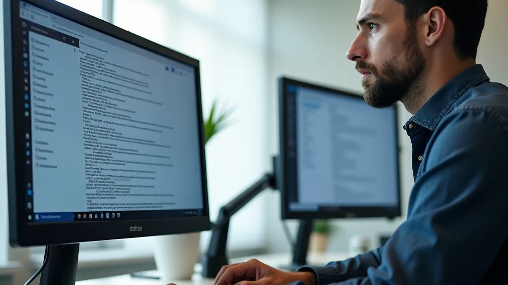 IT-Fachkraft an einem Monitor mit Textoberfläche